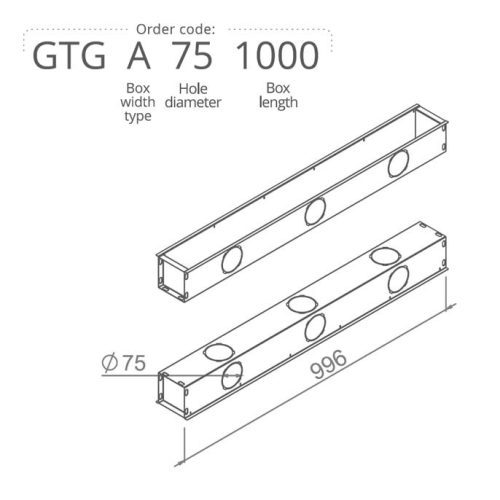 Anemosztát doboz egysoros vagy kétsoros befúvóhoz 3db 75mm-es cső csatlakozással, 1000mm hosszban GTGA751000