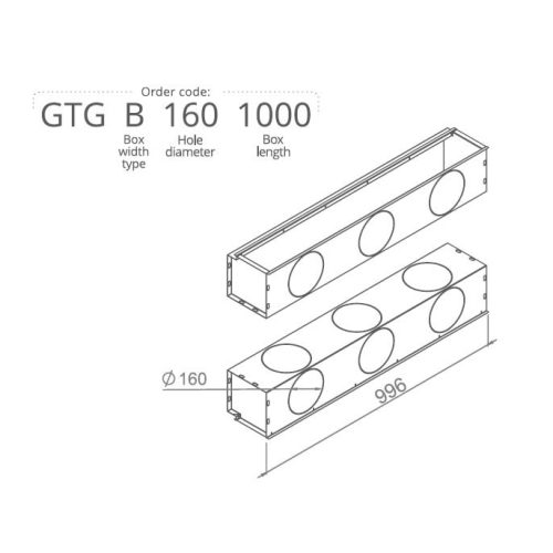 Anemosztát doboz háromsoros befúvóhoz 3db 160mm-es cső csatlakozással, 1000mm hosszban GTGB1601000
