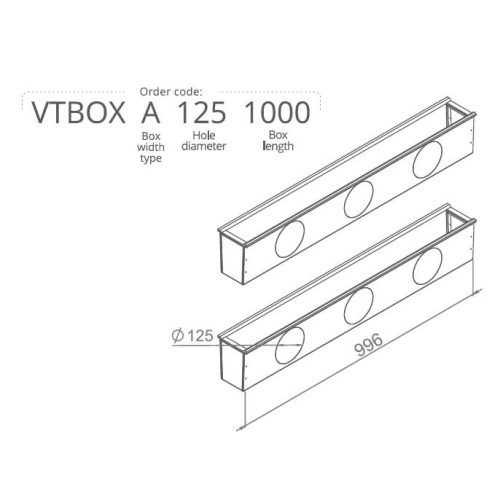 Hőszigetelt anemosztát doboz egysoros befúvóhoz 1000mm hosszú, 3db 125mm-es csatlakozással VTBOXA1251000