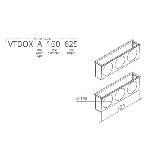 Hőszigetelt anemosztát doboz egysoros befúvóhoz 625mm hosszú, 3db 160mm-es csatlakozással VTBOXA160625