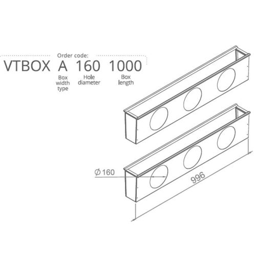 Hőszigetelt anemosztát doboz háromsoros befúvóhoz 1000mm hosszú, 3db 160mm-es csatlakozással VTBOXC1601000