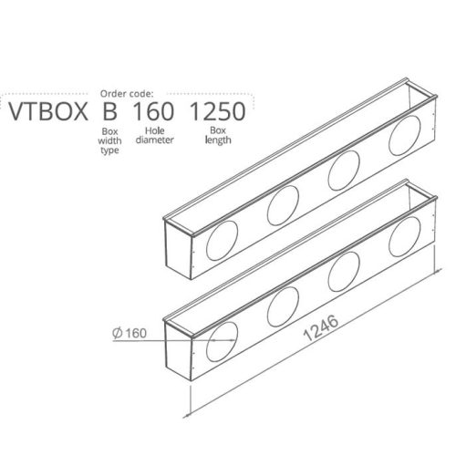 Hőszigetelt anemosztát doboz háromsoros befúvóhoz 1250mm hosszú, 4db 160mm-es csatlakozással VTBOXC1601250