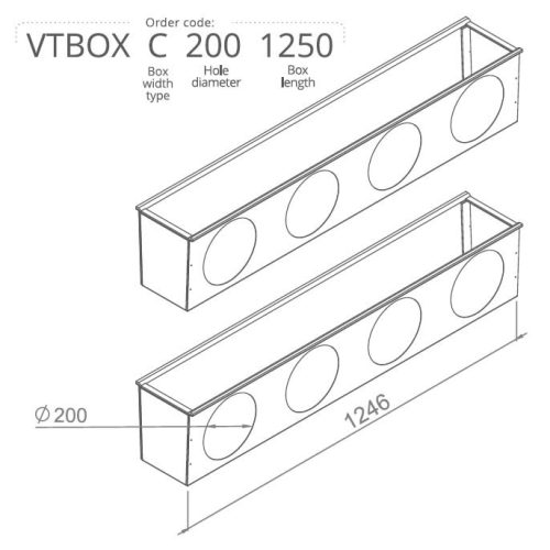 Hőszigetelt anemosztát doboz háromsoros befúvóhoz 1250mm hosszú, 4db 200mm-es csatlakozással VTBOXC2001250