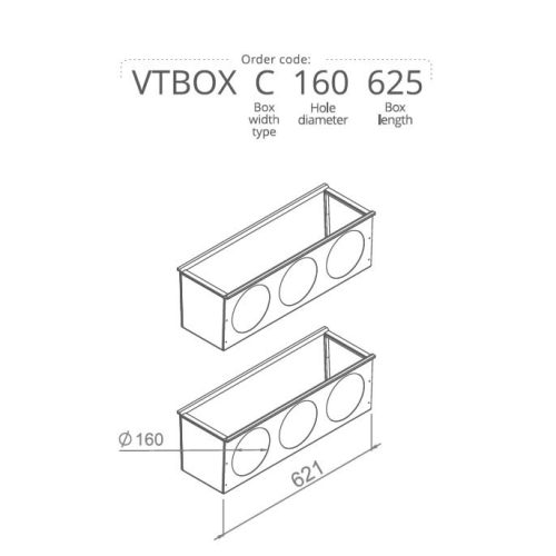 Hőszigetelt anemosztát doboz háromsoros befúvóhoz 625mm hosszú, 3db 160mm-es csatlakozással VTBOXC160625