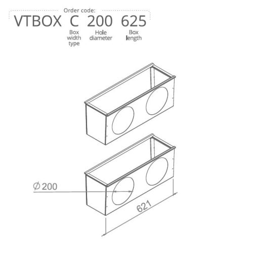 Hőszigetelt anemosztát doboz háromsoros befúvóhoz 625mm hosszú, 3db 200mm-es csatlakozással VTBOXC200625