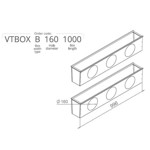 Hőszigetelt anemosztát doboz kétsoros befúvóhoz 1000mm hosszú, 3db 160mm-es csatlakozással VTBOXB1601000