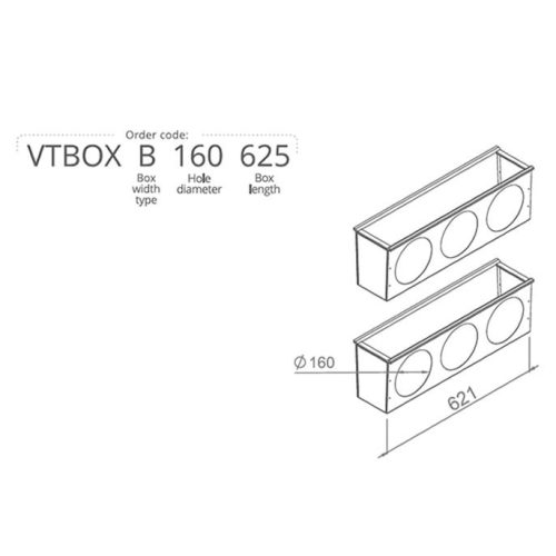 Hőszigetelt anemosztát doboz kétsoros befúvóhoz 625mm hosszú, 3db 160mm-es csatlakozással VTBOXB160625